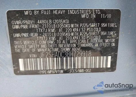 2011 Subaru Forester 2.5X Premium z USA, uszkodzony, nr VIN JF2SHADC3BH729918